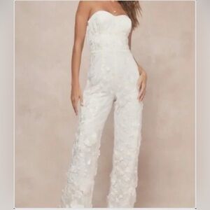 NWT Lulus Bridal Eternal Glamour White 3D Floral Strapless Wide-Leg Jumpsuit